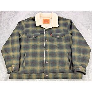 Levis Sherpa Trucker Jacket Men XL Blue Gingham Plaid Button Front Pockets